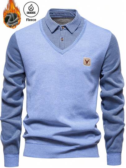 Áo len nam dài tay cổ polo phối họa tiết sừng hươu, kiểu dáng 2 trong 1, thích hợp mặc trong và ngoài, dành cho mùa thu/đông, có thể mặc trong hoặc ngoài.