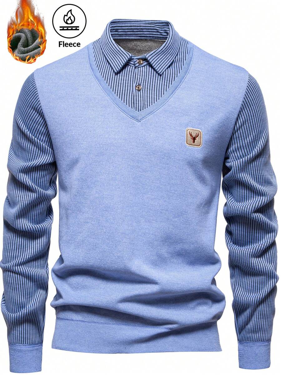 Men's Autumn/Winter 2 In 1 Polo Collar Patchwork Casual Deer Horn Knitted Sweater, Inner & Outer Wear, Long Sleeve Top - Baby Blue - View 1