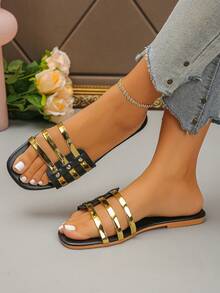 Metallic Strap Slide Sandals, Versatile Casual Outdoor Wear - Black - View 3
