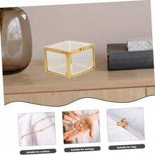 1 pieza Caja de joyería rectangular de vidrio con decoración de cadena dorada vintage - Cierre con cremallera segura, exhibición transparente para aretes, anillos, collares, pulseras - Organizador de joyas y almacenamiento elegante para el hogar - ORO - Ver 3