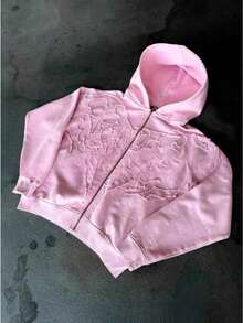 Fashion Embroidery New Hooded Cardigan Zipper Sweater Loose Men's And Women's Same Sweater - Pink - View 1