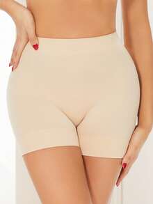 Solid Color Wide Waistband Cycling Shorts, Seamless Smooth Boxer Briefs Fitted Shorts - Apricot - View 5