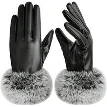 Womens Leather Gloves,Winter Black PU Leather Gloves For Women Touchscreen Fur Cuff Warm Soft Driving Texting Glove - 黑白 - 查看 8