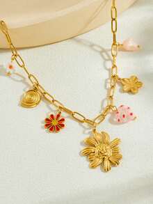 1 buah Kalung Liontin Daisy & Bunga Matahari Bergaya Pastoral Multi-Elemen Berlapis Emas, Perhiasan Baja Tahan Karat - bunga - View 2