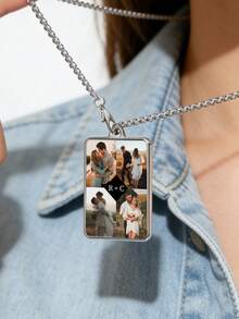1pc Custom Photo Necklace,Customize Photo And Text,Square Pendant With Pictures,Commemorative Jewelry Gift, Fashionable Friend Gift, Perfect Valentine's Day Gift For Lovers, Couples, And Friends, Thoughtful Gift For Loved Ones On Mother's Day, Father's Day And Other Holidays, Perfect For Commemorative Parties, Thanksgiving, And Any Occasion - Multicolor - View 4