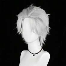 Short Silver White Straight Fluffy Men Wigs Middle Part Anime Game Cosplay Wigs Heat Resistant For Daily Party - Silver - View 5