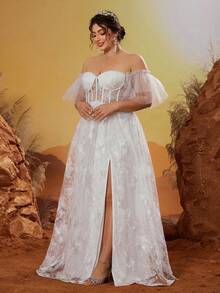 Magiacy 高端晚礼服，单肩设计，饰有刺绣蕾丝边，前部和下摆均有开衩 - 白色 - 查看 3