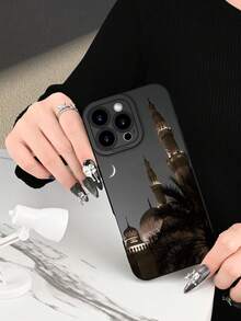 1pc Architecture Moonlight Print 2D Pattern Fashionable Personalized Protective Phone Case, Suitable As Gift For Girlfriend, Best Friend, Wife, Lover, Aunt, Boss, Sister, Couple, Classmates, Teacher, Birthday, Holiday - Black Matte Soft Shell, Compatible With IPhone 17/13/16/15/14/13/12/11/Pro/ProMax/X/XR/XS/XSMAX/7/8/PLUS And Models - Black - View 3