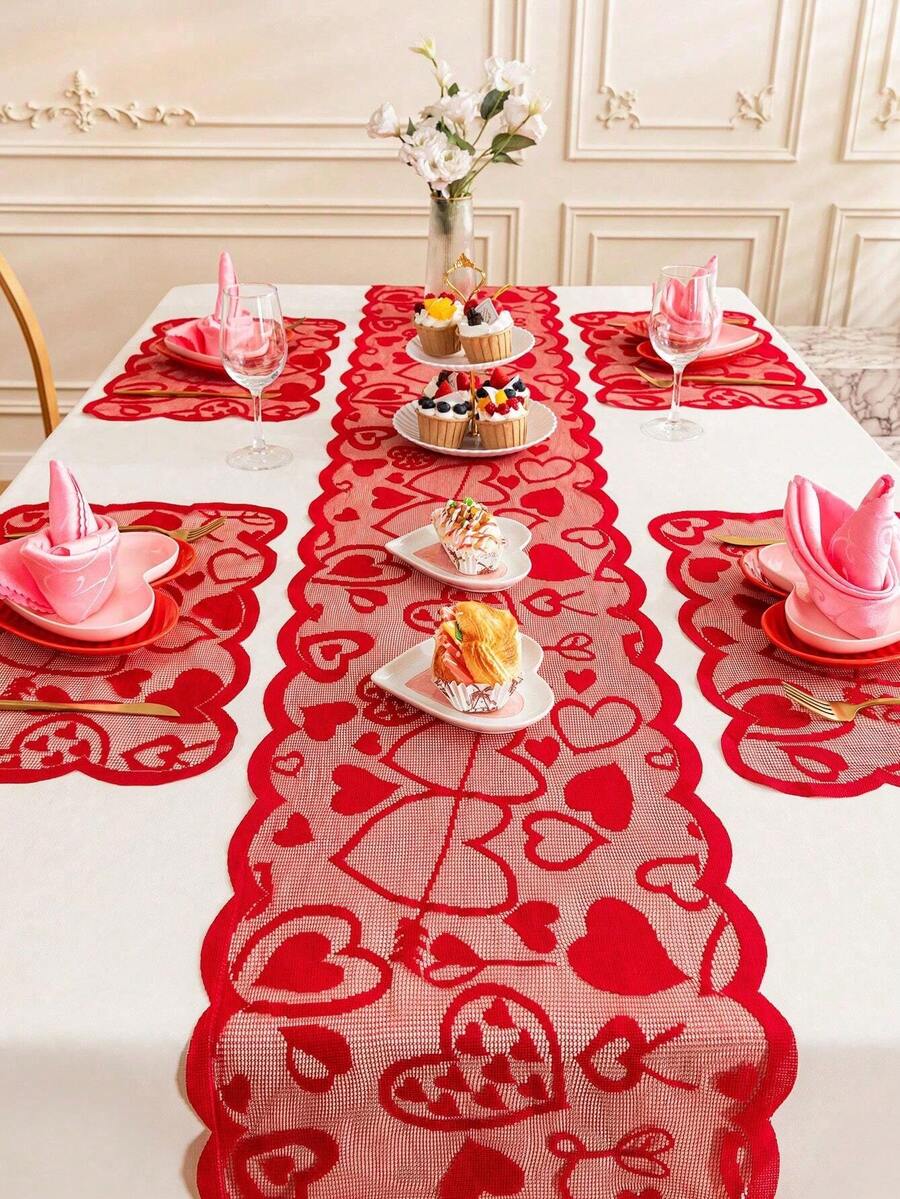 Basic Living 1pc Valentine's Day Decorations Table Runner Lace Heart Table Runner For Wedding Party Anniversary Valentine's Day Sweetest Day Dinner Supplies And Daily Use Home Decor - 紅色 - 查看 1