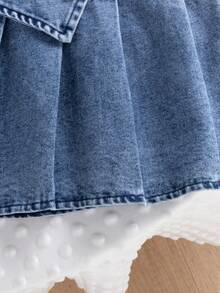 2pcs/Set Infant Girls' Preppy Style Short Sleeve Jacket Top And Pleated Skirt Outfit, Suitable For Daily, Outdoor, School, Commute, Vacation In Summer - Blue - View 8