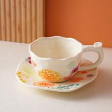 ins风手绘花卉咖啡杯碟套装，少女樱花牡丹陶瓷杯，优雅下午茶餐具，家用早餐杯