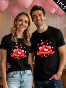 Maglietta coordinata per coppie di San Valentino, autunno, girocollo, vestibilità comoda, street hip-hop, stampa grafica unica - DonnaNero-1PC - Visualizzare 1