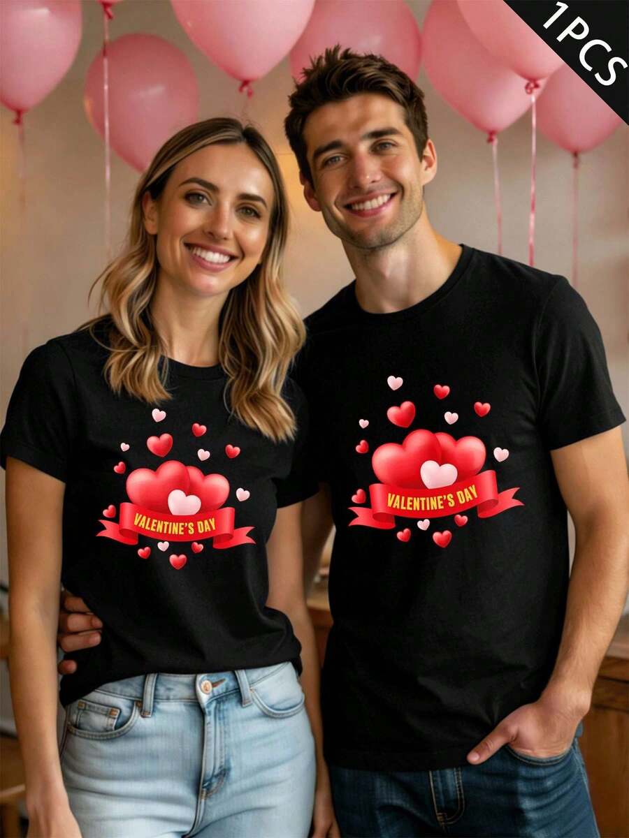 Maglietta coordinata per coppie di San Valentino, autunno, girocollo, vestibilità comoda, street hip-hop, stampa grafica unica - DonnaNero-1PC - Visualizzare 1