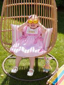Ddler Baby Girl Easter Outfits Spring Summer Plaid Gingham Dress Bunny Embroidery Round Neck Short Sleeves Bow Dress Cute Clothes - 粉色 - 查看 4
