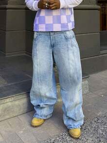 男士时尚休闲复古宽松直筒阔腿水洗牛仔裤 - 藍色 - 查看 4