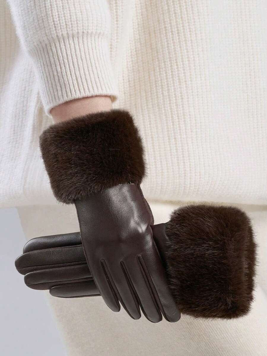 1 đôi găng tay nữ không ngón, màu trơn, kiểu dáng thanh lịch, thường ngày, chất liệu polyester, thích hợp cho mùa thu/đông. - Cà phê nâu - Xem 1