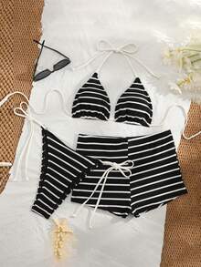 Women's 3 Piece Striped Bikini Set Halter Triangle Bikini Top High Waisted String Thong Bathing Suit With Cover Up Boyshort Swimsuits - màu đen - Xem 7