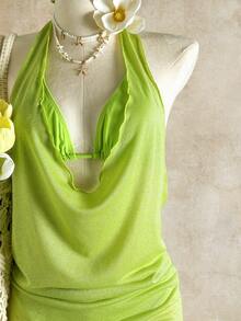 2026新款欧美风霓虹绿垂褶领紧身连衣裙，性感露背褶皱修身连衣裙，女士三件套比基尼 - 青檸色 - 查看 8