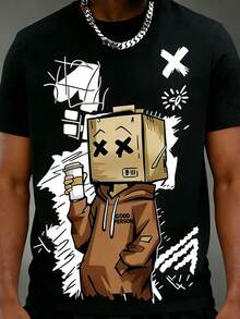 Camiseta de manga corta casual para hombre con estampado de dibujos animados, verano - Negro - Ver 6
