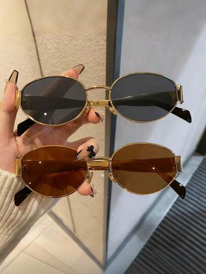 1pc Fashionable Oval Metal Frame Cycling Glasses For Women, Suitable For Daily Wear, Beach, Outdoor, Street Style