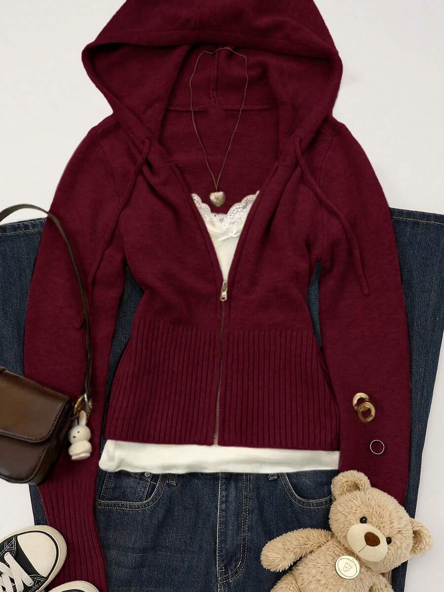 Women's Casual Cute Short Zip-Up Hooded Fitted Knit Cardigan Top, Drawstring Long Sleeve Everyday Commute Versatile Knit Jacket, Autumn/Winter Streetwear Y2K Style, Christmas/Thanksgiving/New Year Gift - Burgundy - View 1