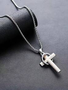 1件极简主义不锈钢嘻哈时尚字母十字圆环/冥想哨吊坠项链，男士朋克项链 - 銀色 - 查看 6