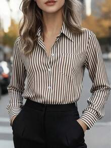 女士休闲基础款条纹尖领长袖衬衫，带纽扣口袋，适合日常办公穿着，秋冬春季皆宜 - 咖啡棕色CS046-1 - 查看 7