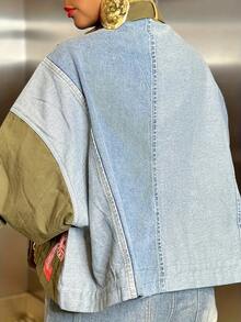 Women's Army Green Denim Panel Letter Print Loose Cargo Jacket - Casual For Daily, Commute, Travel & Outdoor - 軍綠色 - 查看 4