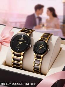 两枚奢华黑金情侣腕表，金属表带，水晶镶嵌表盘，尽显高端品质 - 彩色 - 查看 1