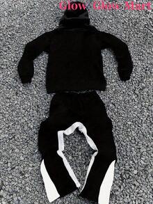 Hoodie And Long Pants Two-Piece Set, Sweatpants Suit, Pedestrian,Y2K Pattern Print, 100% Polyester Soft Hoodie, Comfortable Casual Round Neck Unisex Hoodie And Pants - 黑色 - 查看 3