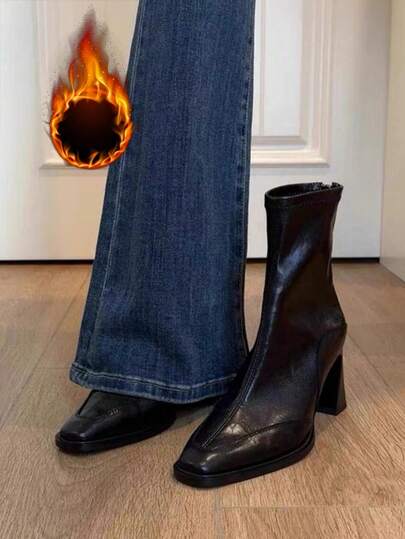 法式修身踝靴，女士高跟踝靴，显瘦，贴合腿部，时尚靴子，新品上市，大码尺码