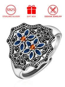 1pc S925 Sterling Silver Women's Fashion Ring, Creative Vintage Floral Pattern Cubic Zirconia Inlaid, Low Allergy, Gift For Family, Friends, Valentine's Day, Birthday, Holiday - Antique Silver - View 12