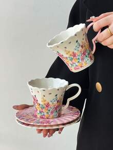 1pc Floral Design Coffee Cup & Saucer Set, High-Quality Ceramic Mug, Breakfast/Milk Cup, Birthday/Housewarming Gift For Her - Multicolor - View 7