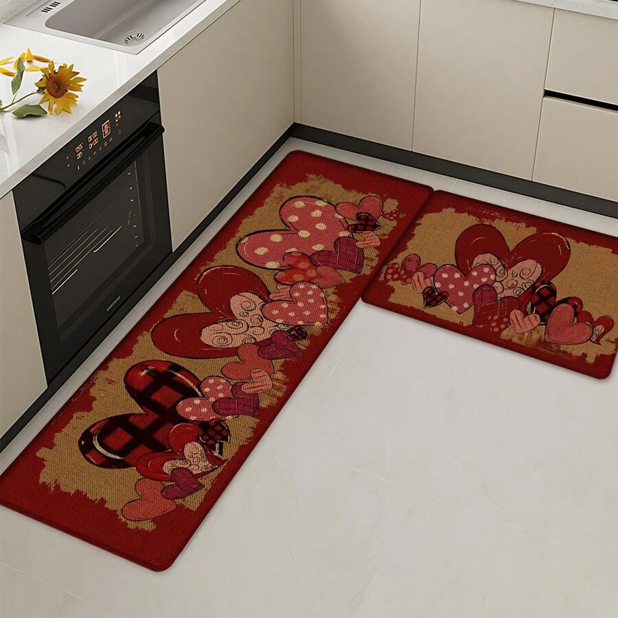 1pc Heart Pattern Printed Linen Kitchen Rug, Bathroom Mat, Doormat, 3D Printed Rectangle Carpet For Living Room, Bedroom, Hallway, Bathroom, Laundry Room - Polyester Rug For Indoor And Outdoor Home Decor - Multicolor - View 1