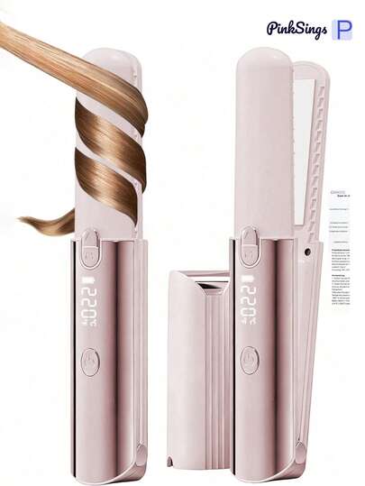 PinkSings 5000mAh 无绳迷你紧凑型直发器，带液晶显示屏，温度可调，便携式迷你直发卷发棒，旅行必备，负离子口袋造型器，女士造型器，防烫陶瓷涂层