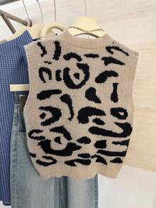 Autumn/Winter New Chic Leopard Print V-Neck Knit Vest, High-End Loose Cardigan For Layering - Multicolor - View 3