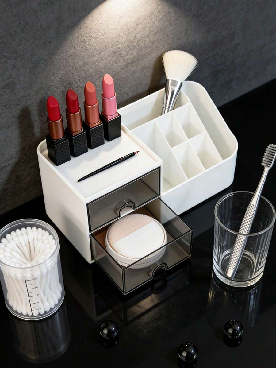 1pc Cosmetic Organizer With Drawer - Desk Storage Box, Large Capacity Drawer Organizer, Makeup Organizer, Desktop Storage Rack, Storage Aid, Back-To-School Season, School Supplies, Girl's Gift,Back To School