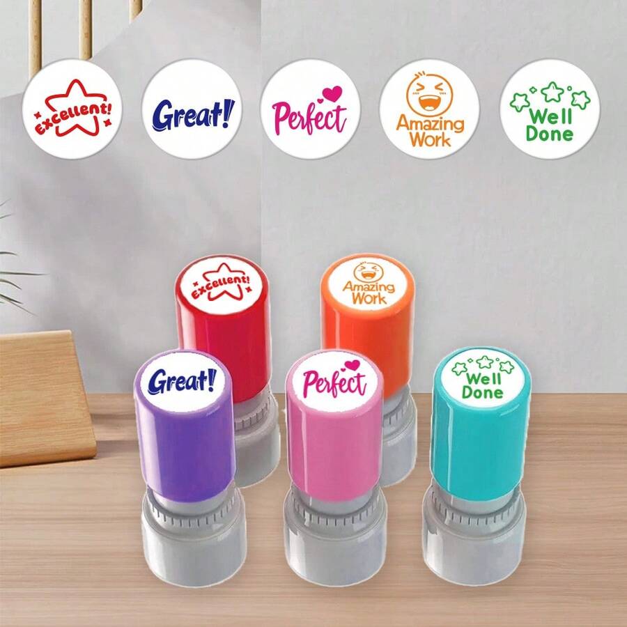 5 buah Stempel Motivasi Bulat Berwarna-warni, Frasa Menarik Seperti "Kerja Bagus", "Luar Biasa", Stempel Pemberi Semangat untuk Guru, Perlengkapan Kantor untuk Pembelajaran dan Motivasi - 5 perangko penyemangat bulat berwarna-warni - View 1