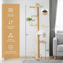 Cat Tree 206 Cm Natural Rubber Wood, 5 Levels Wall Mounted Cat Tree With Widened Base, Plush Balls, 360° Rotatable, XXL Climbing Tree For Cats, For Climbing, Scratching - Natural Wood Color - View 8