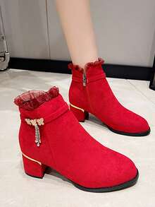 2026圣诞经典水钻厚跟天鹅绒绒面革踝靴，优雅百搭高帮女式时尚靴 - 紅色 - 查看 1
