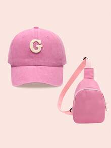 2pcs/Set Girls Letter Print Pink Baseball Cap & Bag, Boys Breathable Casual Wear Outfit For Everyday & Outdoor