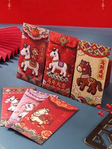 24pcs/12pcs/6pcs/1pc Year Of The Horse Red Envelope, Chinese New Year Auspicious Horse Red Envelope - 6 Unique Gold Foil Designs, Festive Paper Bag For Celebrations, Ideal Gift And Festival Occasion, Festive Gift Bag | Decorative Envelope | Paper Envelope, Lunar New Year, Wedding, Birthday, 2026 Chinese New Year Red Envelope
