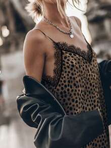 Women's Fashionable Summer Beach Vacation Sexy Elegant Retro Design Lace Patchwork Leopard Print Slip Dress - Multicolor - View 5
