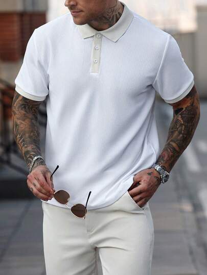 Conjunto de 2 peças masculino, camisa polo de manga curta e calça, cor sólida. Ideal para ocasiões formais, casuais e para o dia a dia. Moderno e versátil.