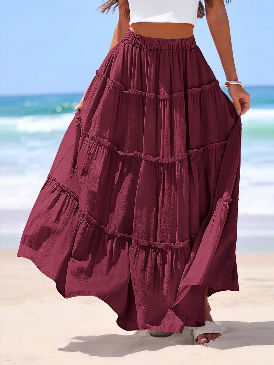 Women's Tiered Maxi Skirt Summer Spring Fashion  High Waisted Long Flowy Casual Boho Beach Vacation Clothes - 酒紅色 - 查看 1