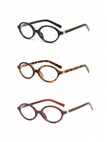 3副复古嘻哈风装饰小椭圆框女士时尚眼镜，简约百搭时尚眼镜 - 黑框+豹紋框+透茶框 - 查看 3