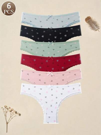 6-Pack Women's Panties With Fashionable Bow & Heart Print Underwear, Low Waist, Comfortable, Casual And Sports Women's Thongs