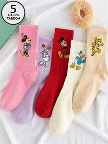 5 Pairs Rainbow Series Daisy, Donald Duck, Tigger Cartoon Cute & Fashionable Breathable Odor-Resistant Women Socks