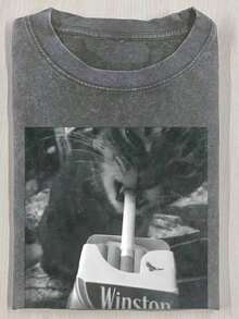 Cat Smoking Winston Cigarette Graphic Vintage Washed Short - Sleeved T - Shirt, Casual Loose Round Neck Pure Cotton Top For Summer - 淺灰色 - 查看 1