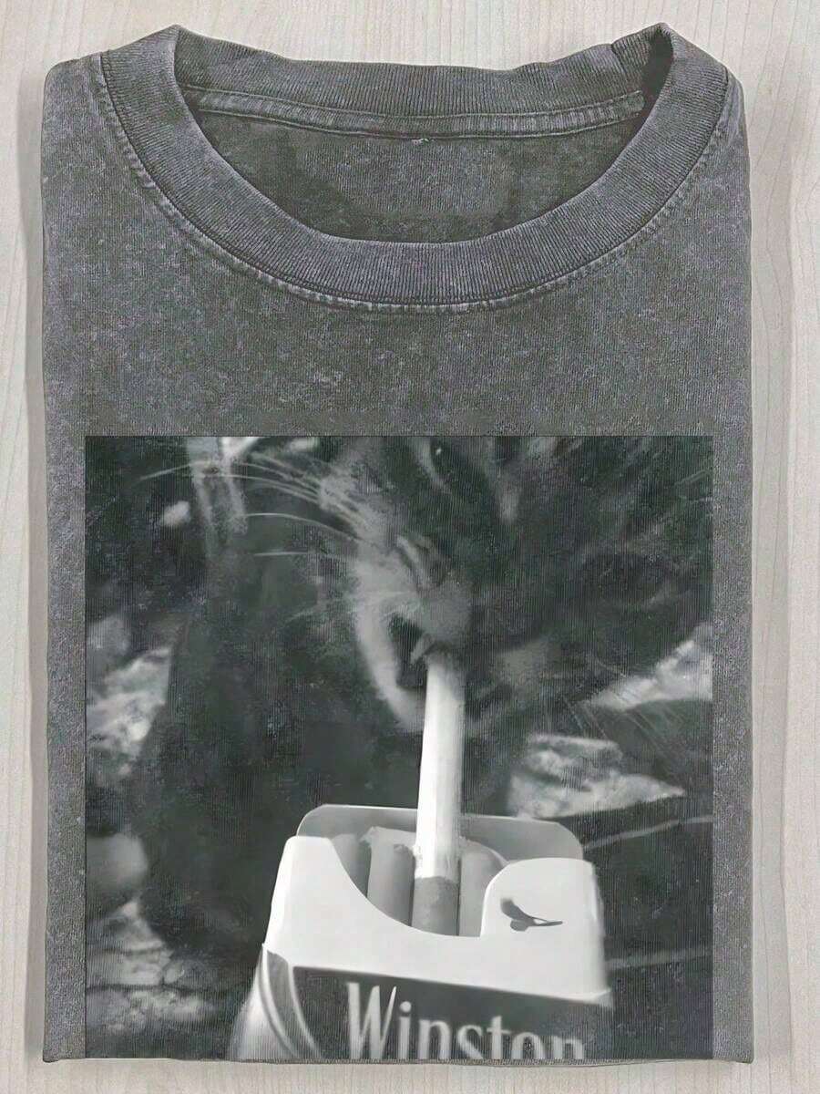 Cat Smoking Winston Cigarette Graphic Vintage Washed Short - Sleeved T - Shirt, Casual Loose Round Neck Pure Cotton Top For Summer - 淺灰色 - 查看 1